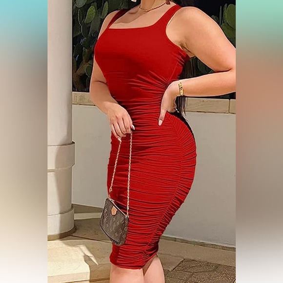 BEAGIMEG Women's Ruched Bodycon Sleeveless Tank Midi Dress; red; XXL - Picture 2 of 2